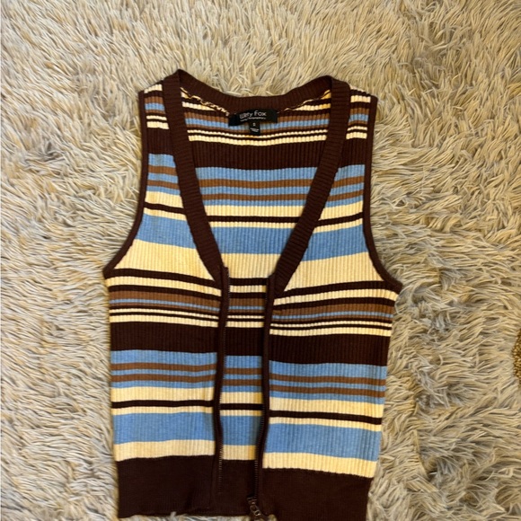 Tops - Striped Ribbed Knit Zip Front Tank - Brown, Blue, Cream